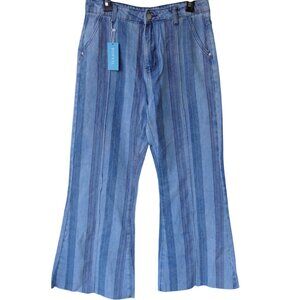 Blue Stripe Flared Jeans Sz L 31" x 29" High Waist Raw Hems Hippie Boho Retro